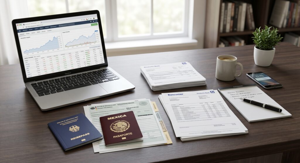 Ein aufgeräumter Schreibtisch mit deutschen und mexikanischen Behördendokumenten, Reisepass, Kontoauszügen und einem Laptop mit Finanzkennzahlen, professionelles Umfeld, natürliches Tageslicht, fotorealistisch