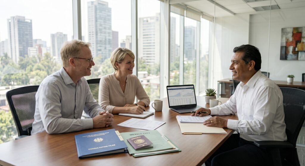 Professionelles Beratungsgespräch zwischen einem deutschen Auswanderer-Paar und einem mexikanischen Anwalt in einem modernen Büro in Mexiko-Stadt, freundliche vertrauensvolle Atmosphäre, fotorealistisch, natürliches Licht