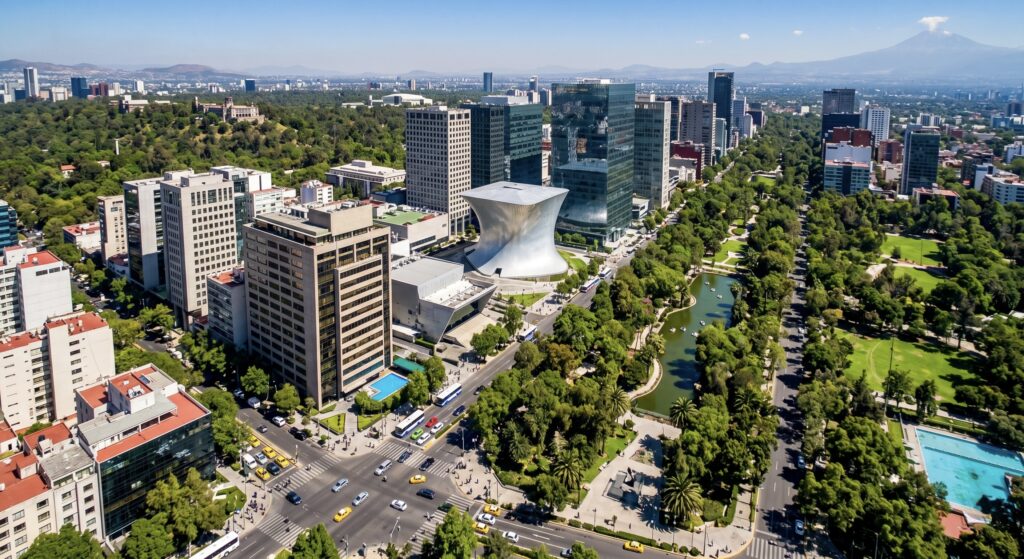 Luftaufnahme des Stadtteils Polanco in Mexiko-Stadt, moderne Architektur gemischt mit grünen Parks, sonniger Tag, lebendige Farben, fotorealistisch, Drohnenperspektive