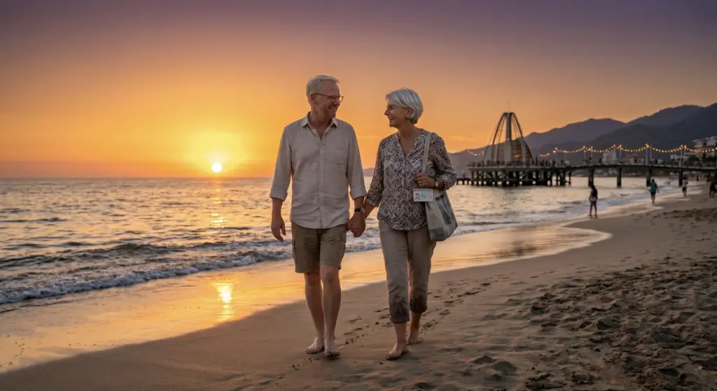 Deutsches Rentnerpaar spaziert bei Sonnenuntergang am Strand von Puerto Vallarta Mexiko, entspannt und glücklich, goldenes Abendlicht, fotorealistisch, cinematic