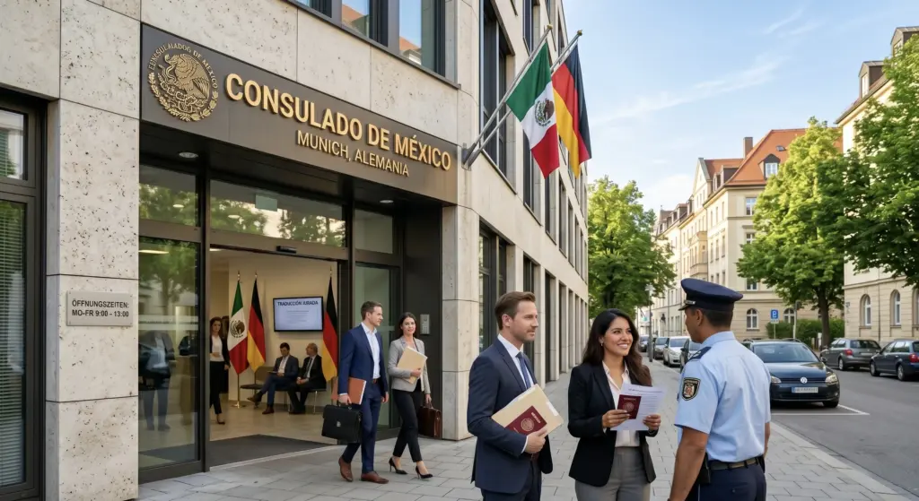 Modernes mexikanisches Konsulatsgebäude in einer deutschen Stadt, professionelle Atmosphäre, Menschen mit Dokumentenmappen, sonniger Tag, fotorealistisch