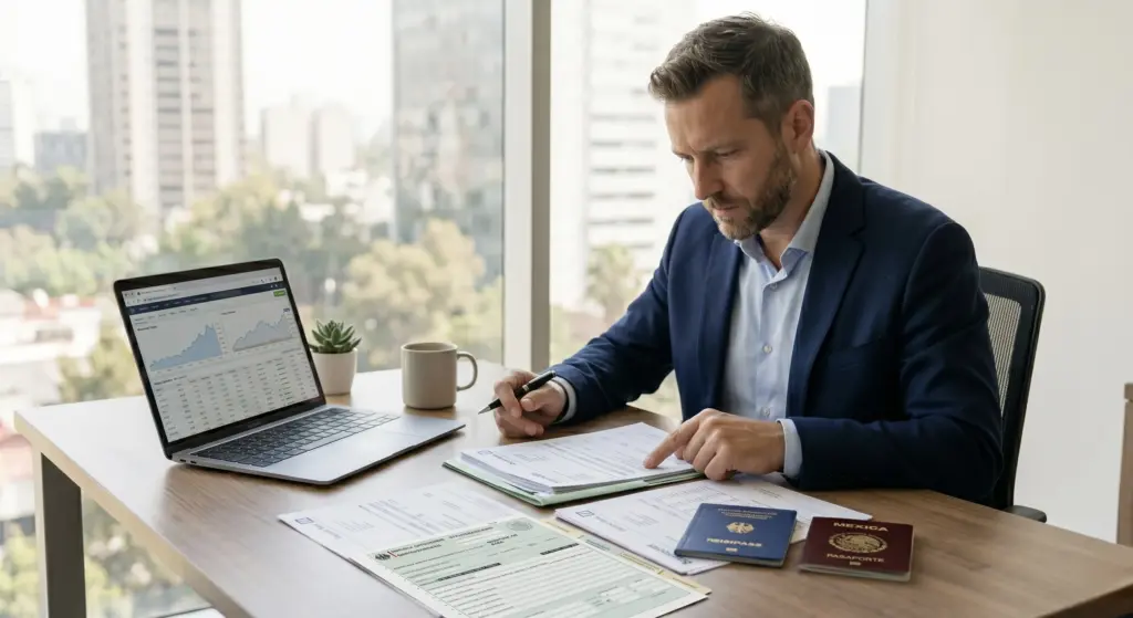 Ein deutscher Auswanderer sitzt an einem aufgeräumten Schreibtisch und prüft Kontoauszüge und Finanzdokumente für den Visumantrag Mexiko, konzentrierte professionelle Atmosphäre, natürliches Tageslicht, fotorealistisch