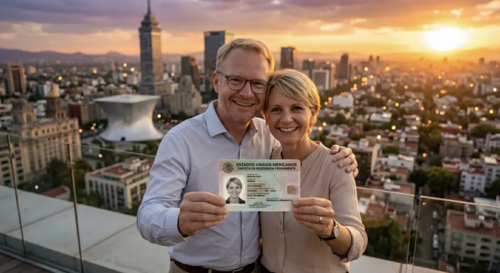 Glückliches deutsches Paar hält mexikanische Residenzkarte in den Händen vor dem Hintergrund der Mexiko-Stadt Skyline, Erleichterung und Freude, goldene Stunde, fotorealistisch
